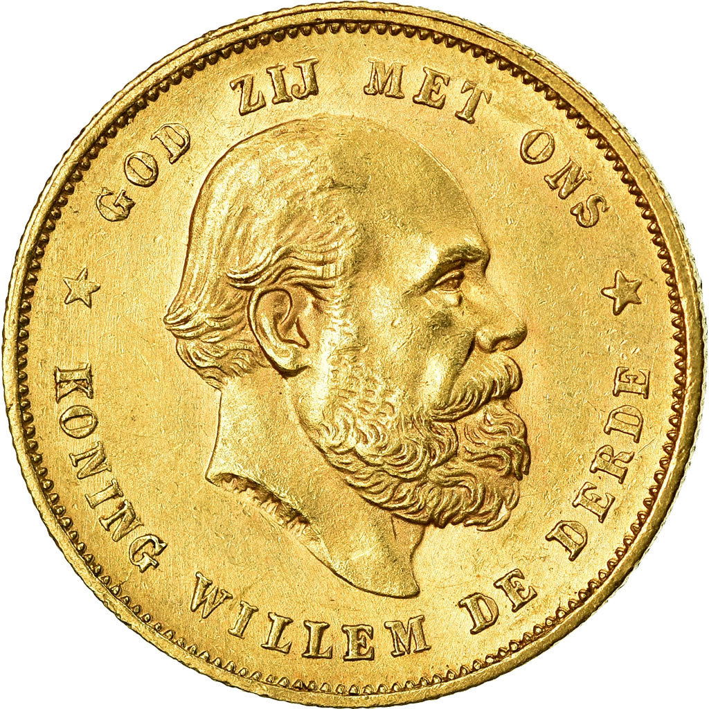 Coin, Netherlands, William III, 10 Gulden, 1877, MS(60-62), Gold, KM:106