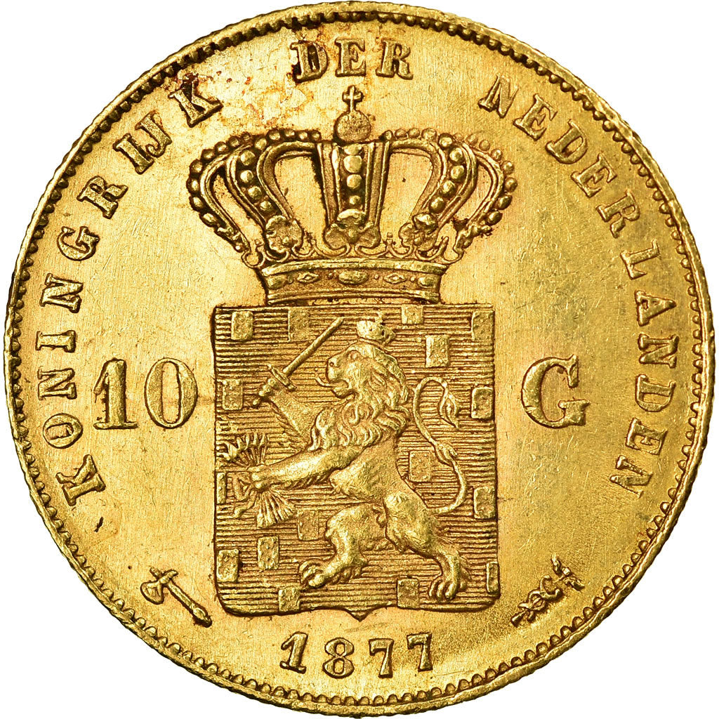 Coin, Netherlands, William III, 10 Gulden, 1877, MS(60-62), Gold, KM:106