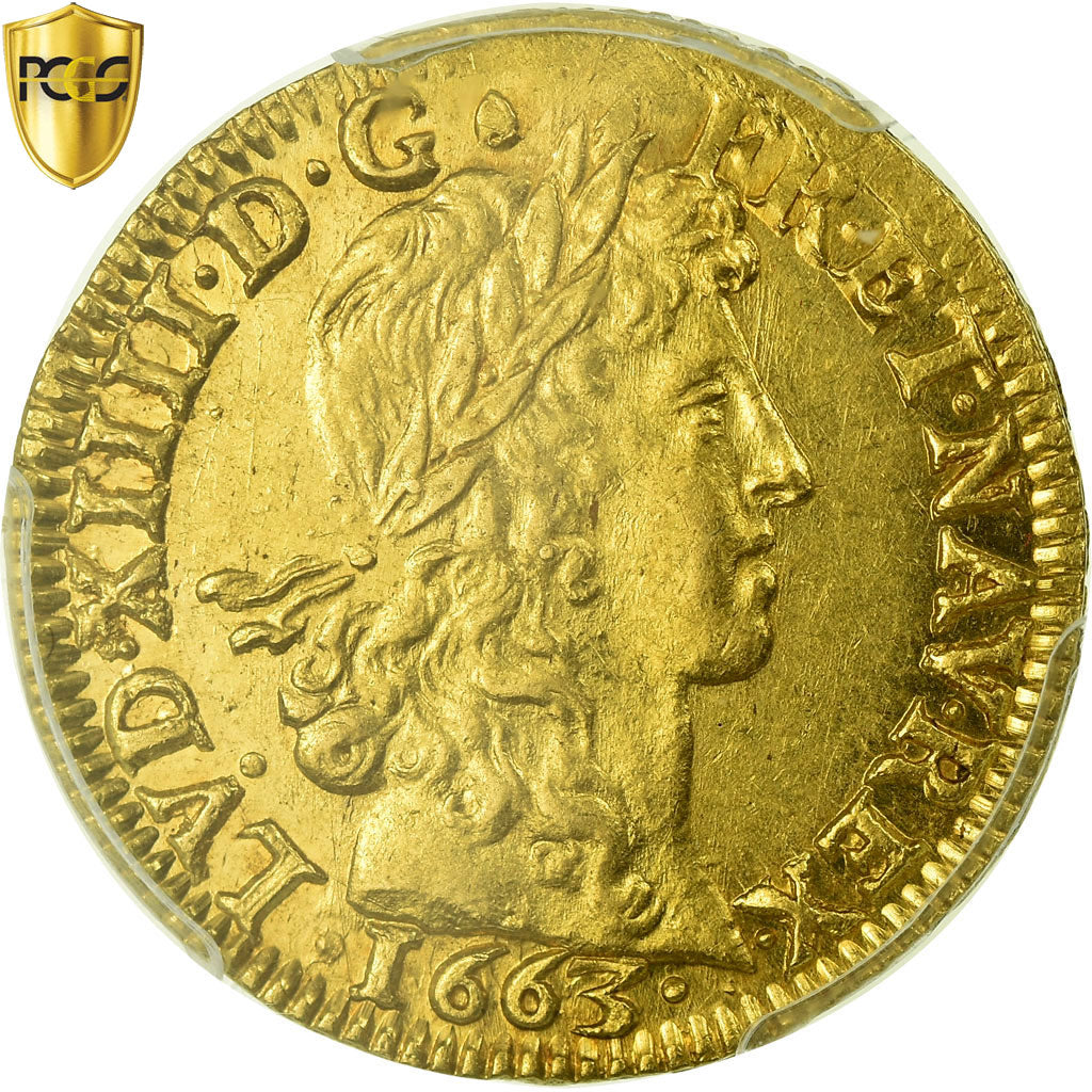 Coin, France, Louis XIV, Louis d'or au buste juvénile, 1663, Bayonne, PCGS