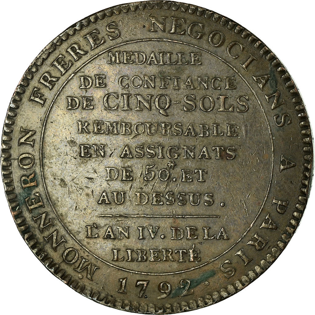 Coin, France, Monneron, 5 Sols, 1792, Birmingham, EF(40-45), Bronze, KM:Tn31