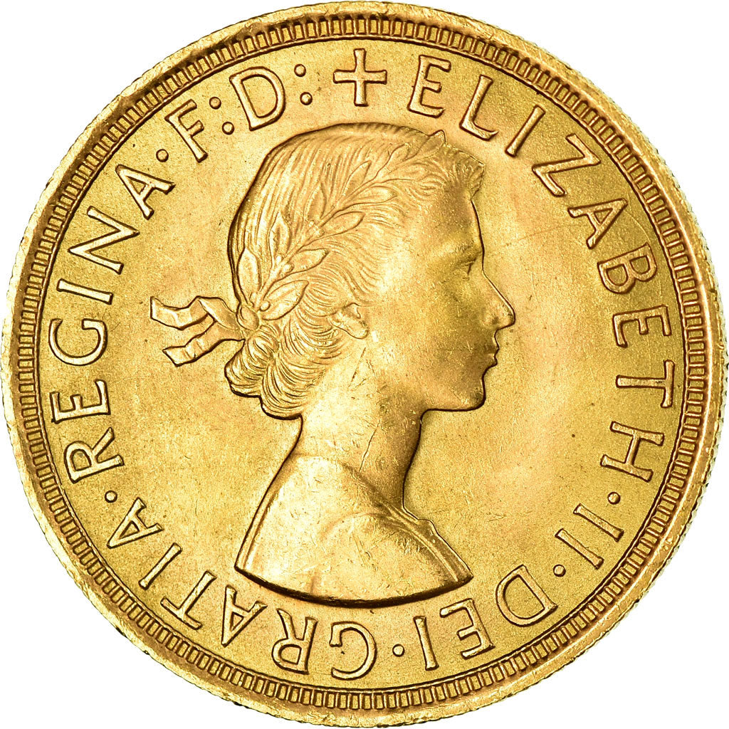 Coin, Great Britain, Elizabeth II, Sovereign, 1957, MS(64), Gold, KM:908
