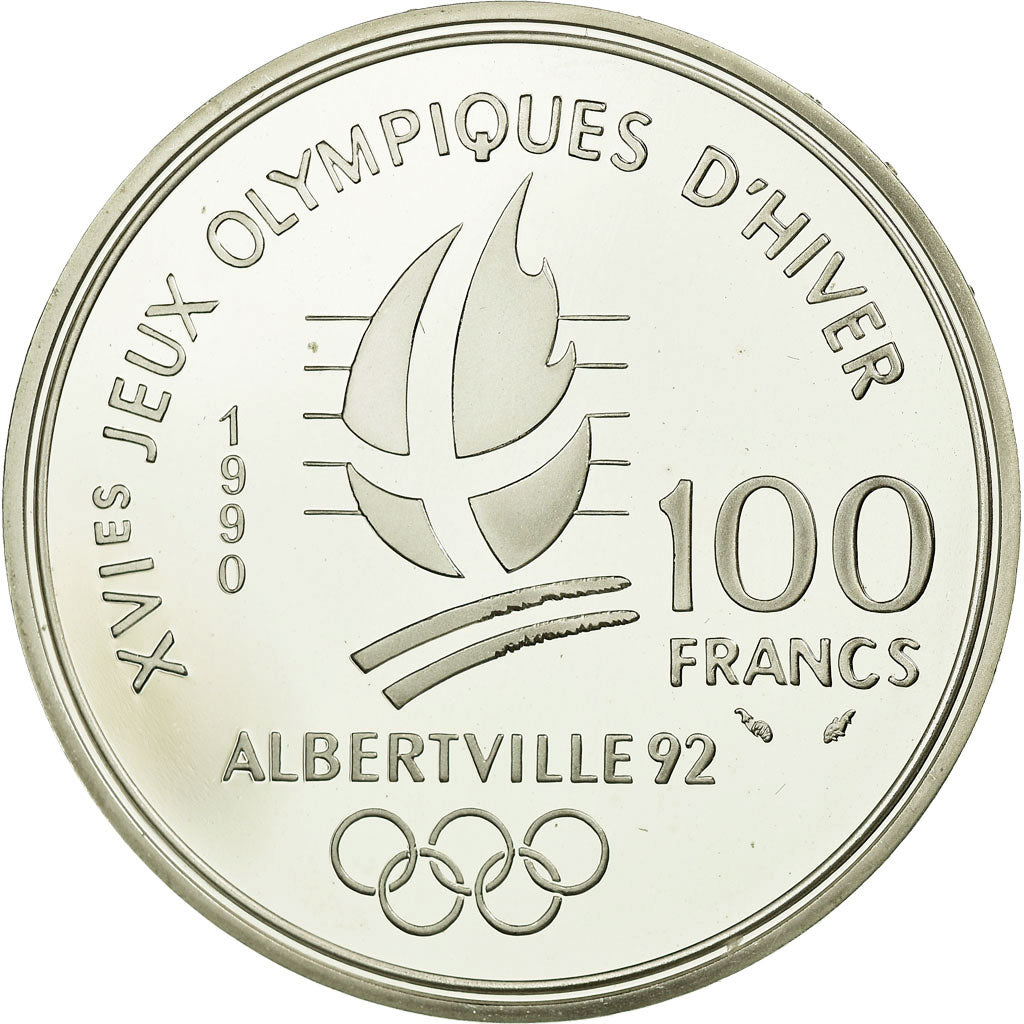 Monnaie, France, Slalom moderne, 100 Francs, 1990, Albertville 92, FDC, Argent