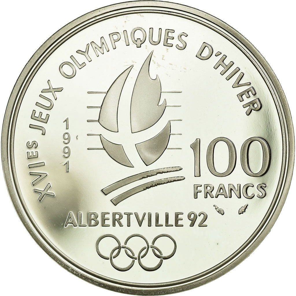 Coin, France, Ski jumpers, 100 Francs, 1991, Albertville 92, MS(65-70), Silver