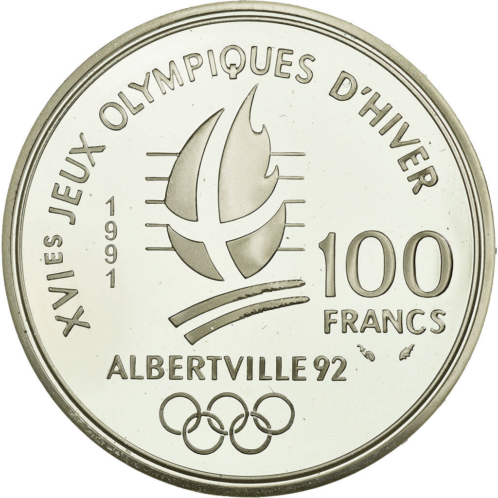Moneda, Francia, Cross-country skier, 100 Francs, 1991, Albertville 92, FDC