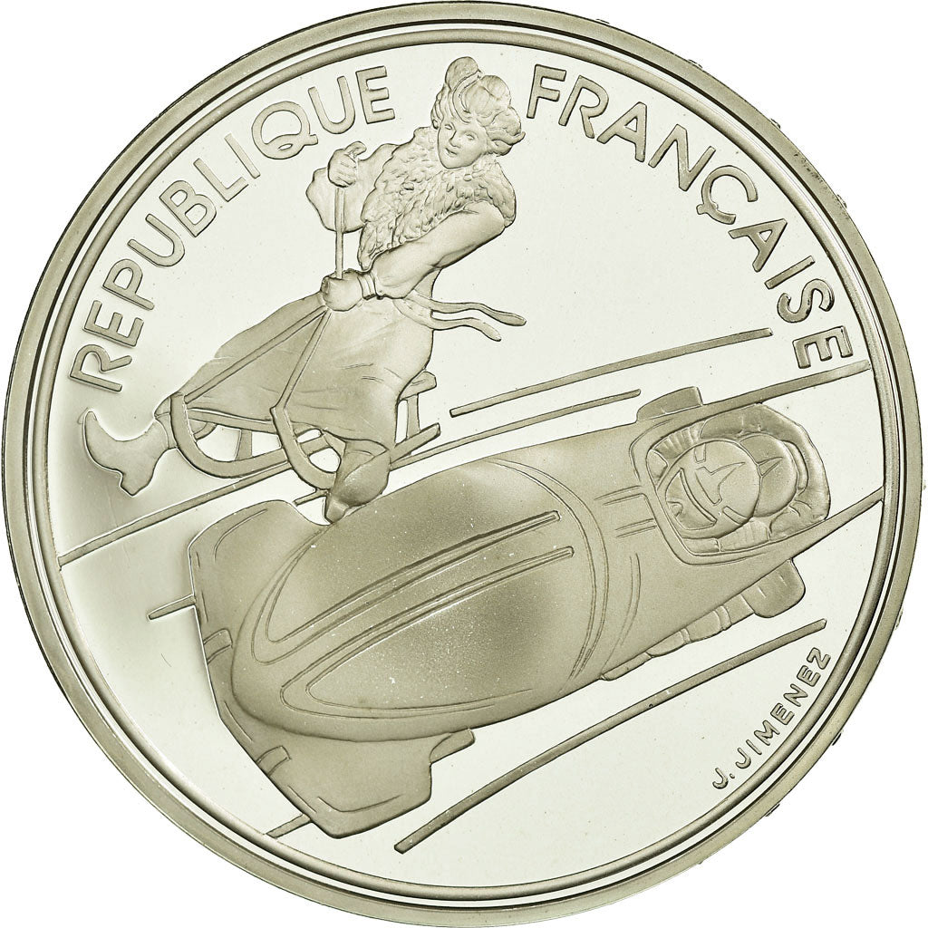 Coin, France, Bobsledding, 100 Francs, 1990, Albertville 92, MS(65-70), Silver