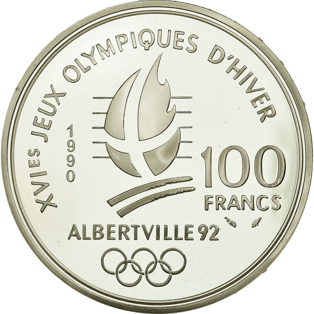 Coin, France, Bobsledding, 100 Francs, 1990, Albertville 92, MS(65-70), Silver