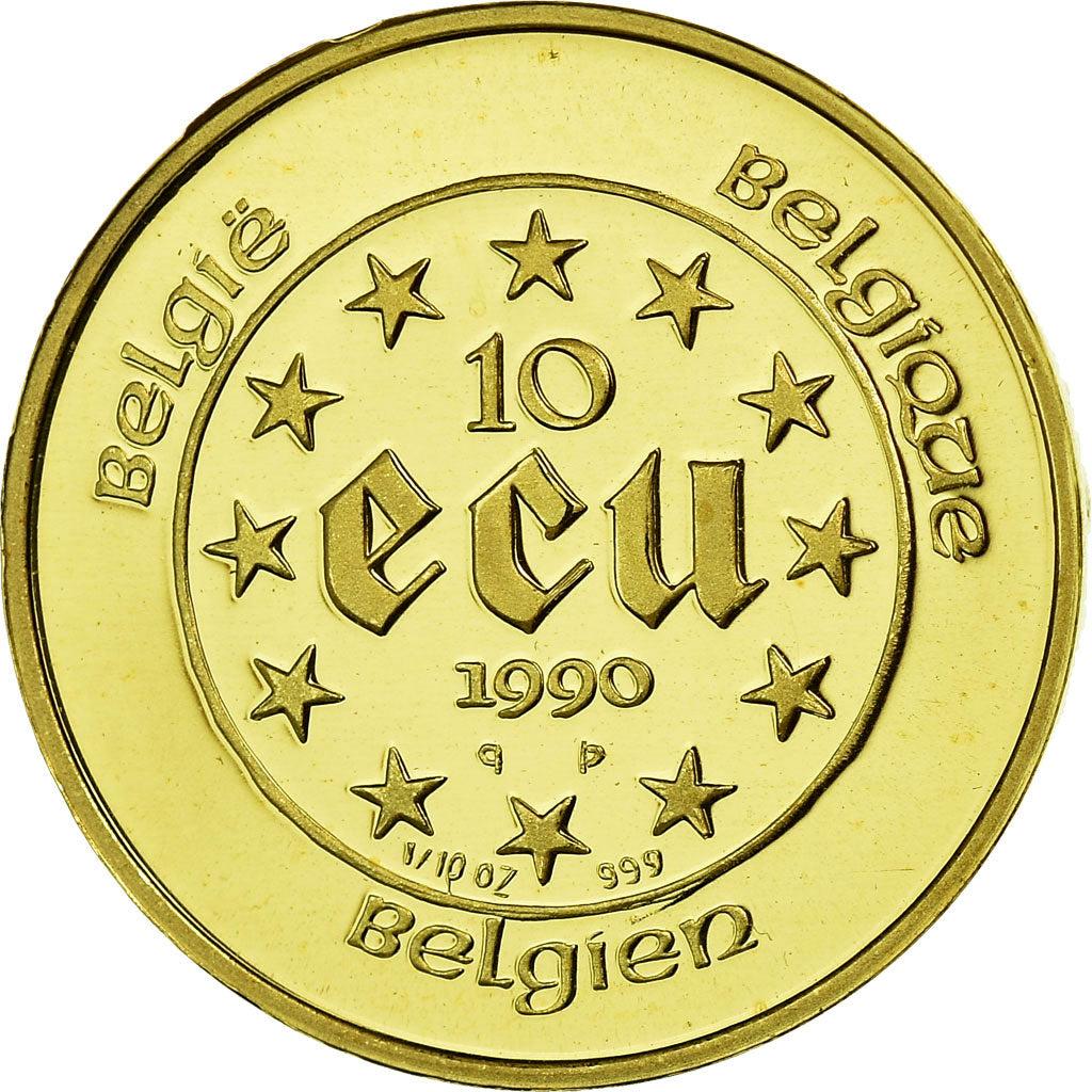 Coin, Belgium, Baudouin I, 10 Ecu, 1990, 1/10 Oz, MS(65-70), Gold, KM:172