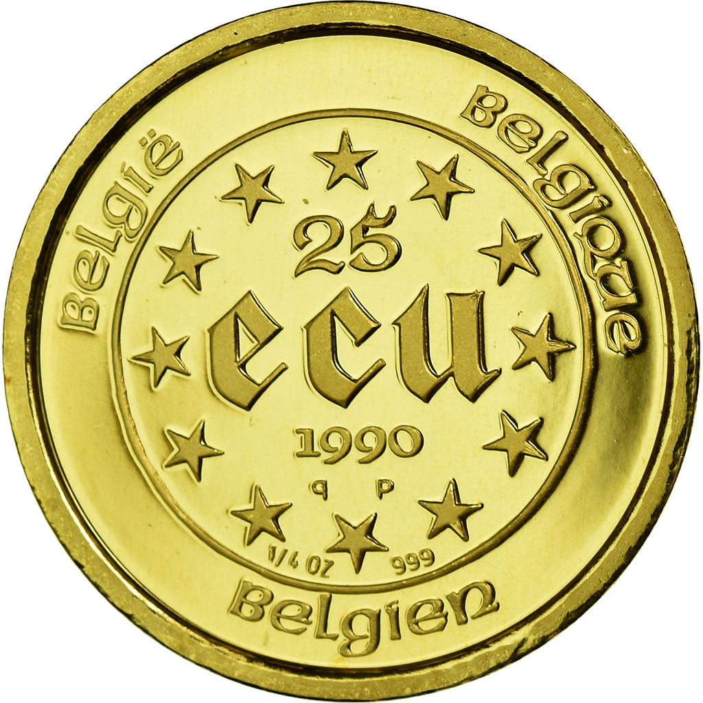 Coin, Belgium, Baudouin I, 25 Ecu, 1990, 1/4 Oz, MS(65-70), Gold, KM:173
