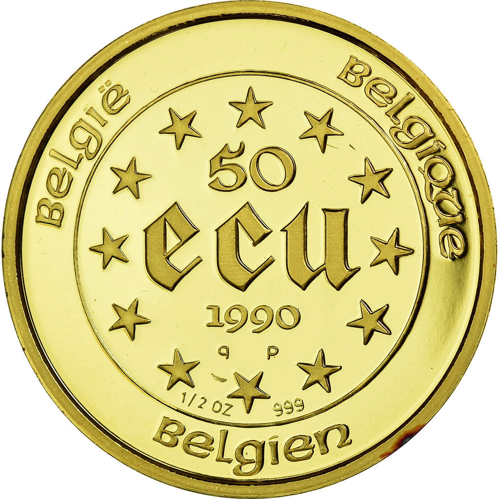 Coin, Belgium, 50 Ecu, 1990, 1/2 Oz, MS(65-70), Gold, KM:174