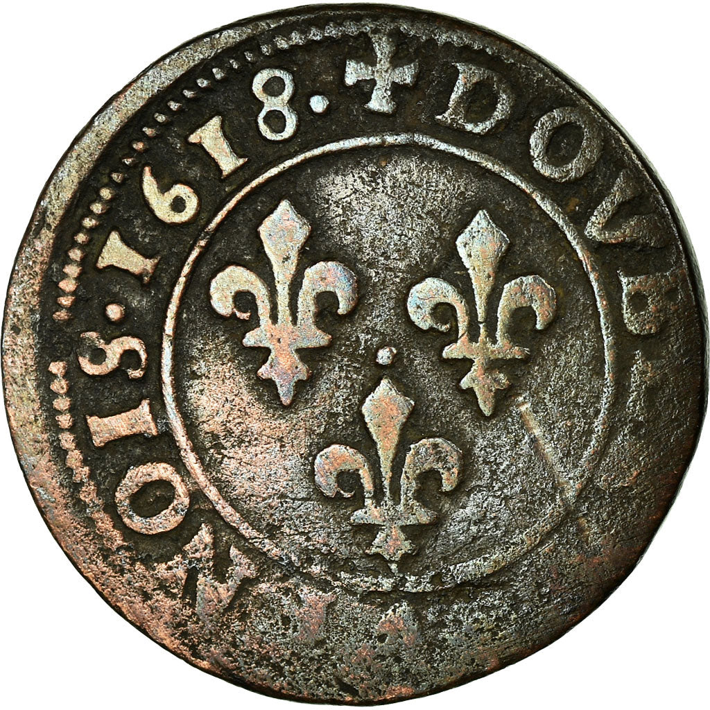 Monnaie, France, Louis XIII, Double Tournois, 1618, Bordeaux, TB, Cuivre