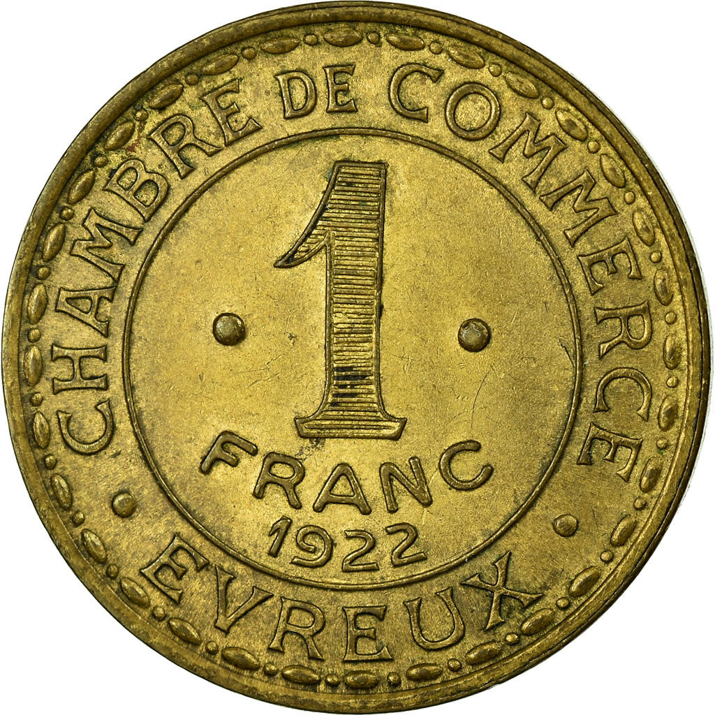 Coin, France, Chambre de Commerce, Evreux, 1 Franc, 1922, MS(60-62), Brass