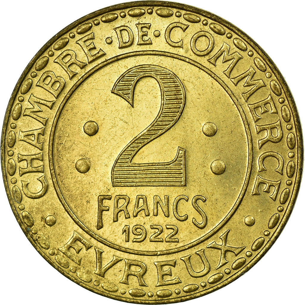 Münze, Frankreich, Chambre de Commerce, Evreux, 2 Francs, 1922, VZ+, Messing
