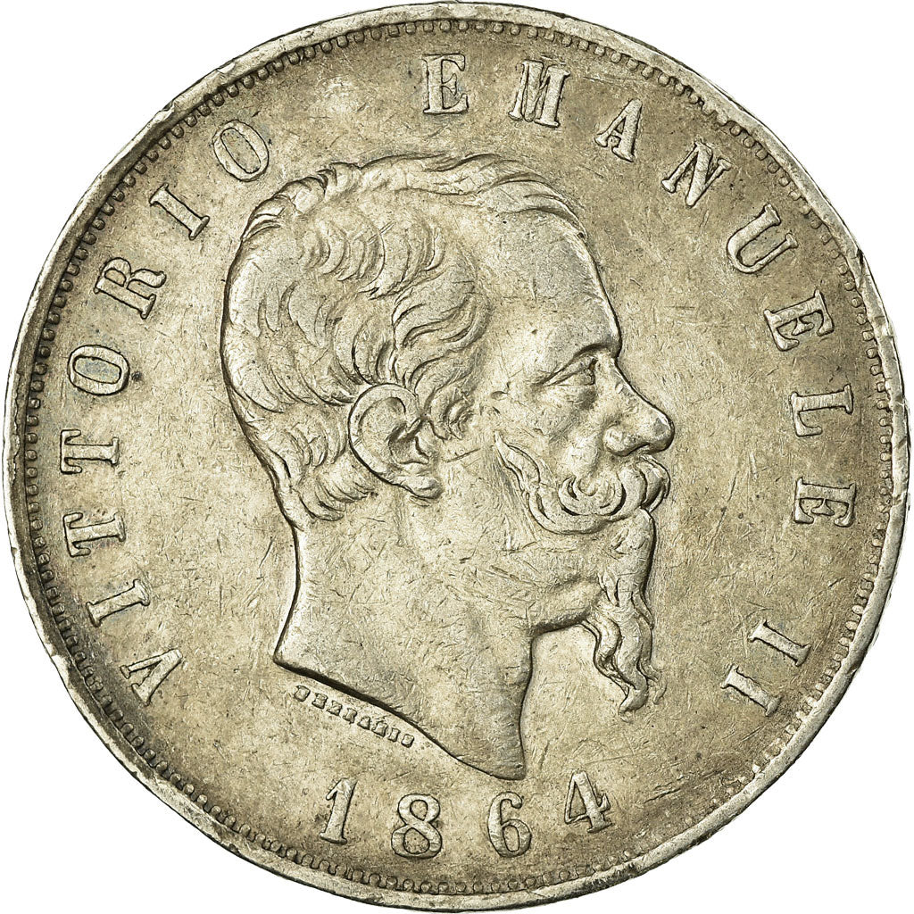 Coin, Italy, Vittorio Emanuele II, 5 Lire, 1864, Naples, EF(40-45), Silver
