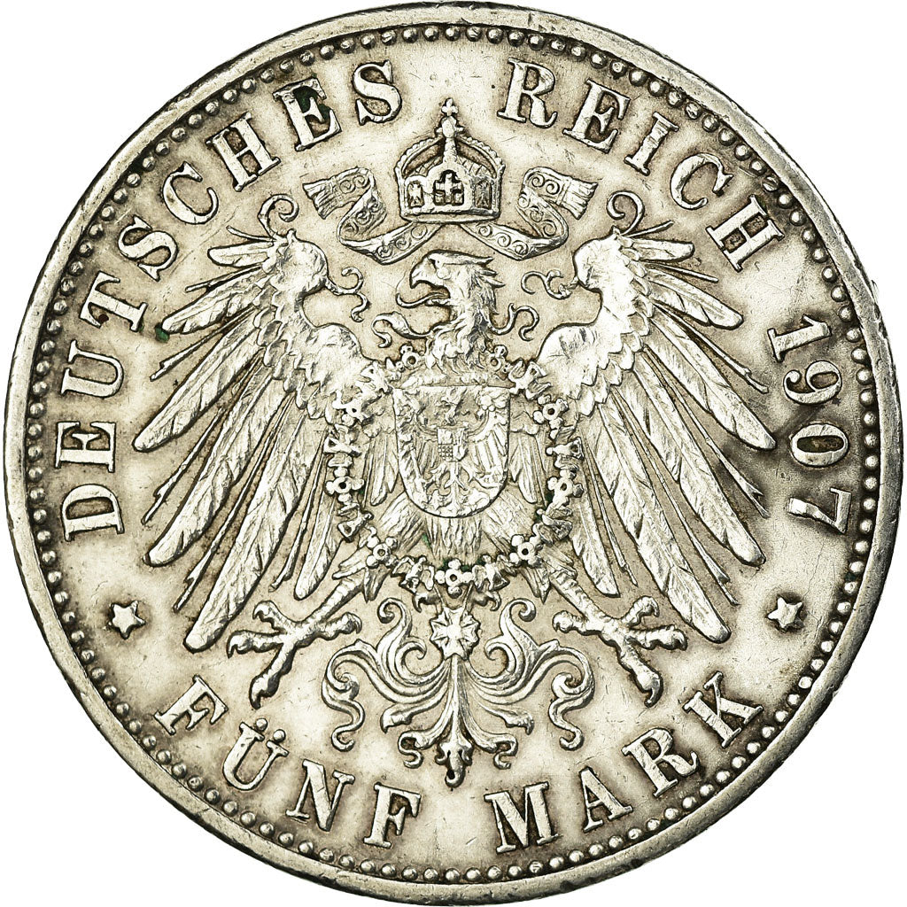 Coin, German States, BADEN, Friedrich I, 5 Mark, 1907, EF(40-45), Silver, KM:274