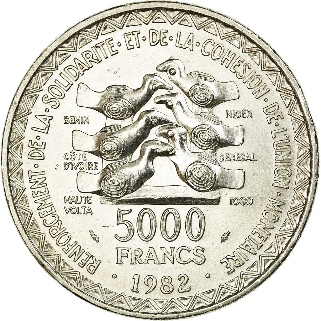 Coin, West African States, 5000 Francs, 1982, MS(60-62), Silver, KM:11
