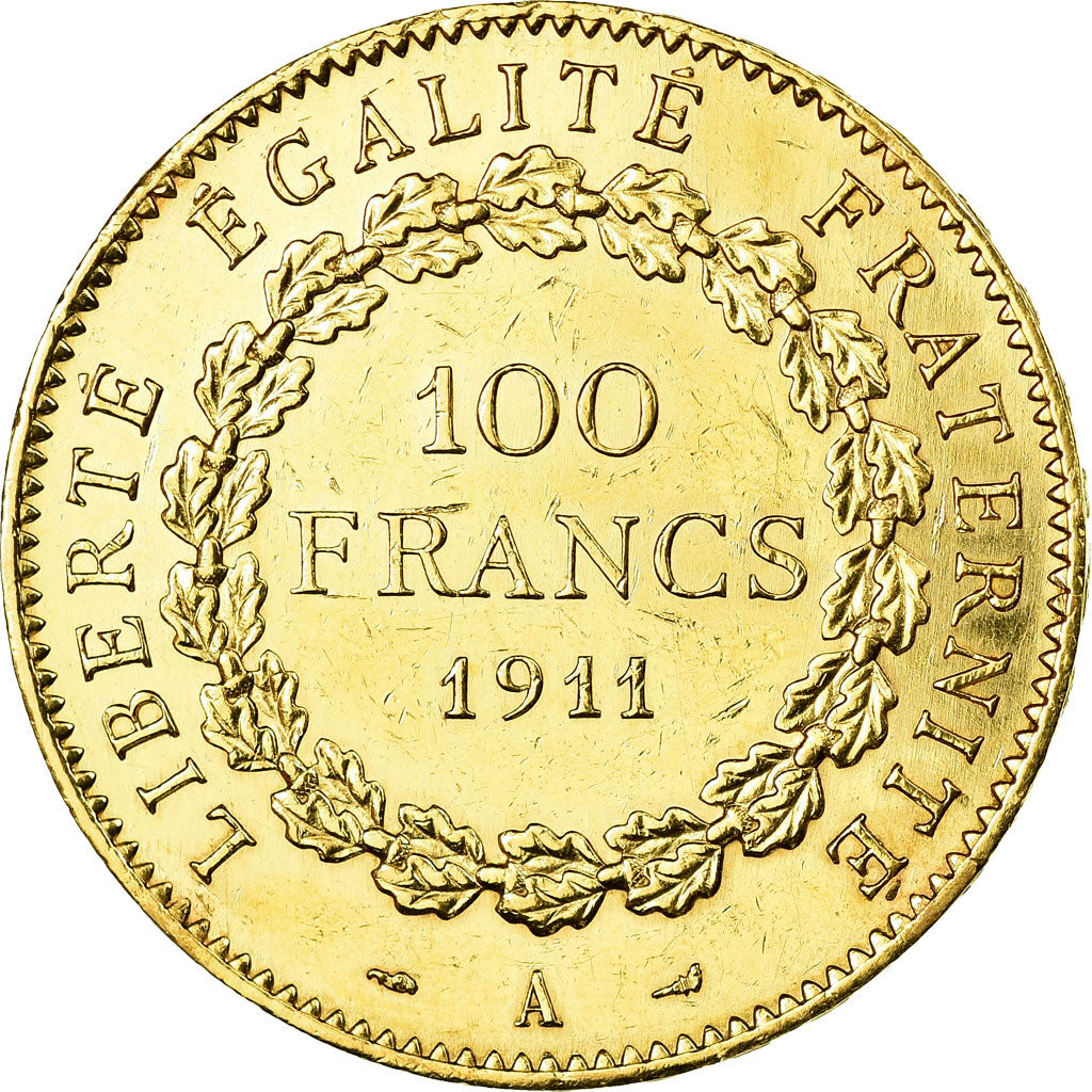 Moneda, Francia, Génie, 100 Francs, 1911, Paris, MBC+, Oro, KM:858