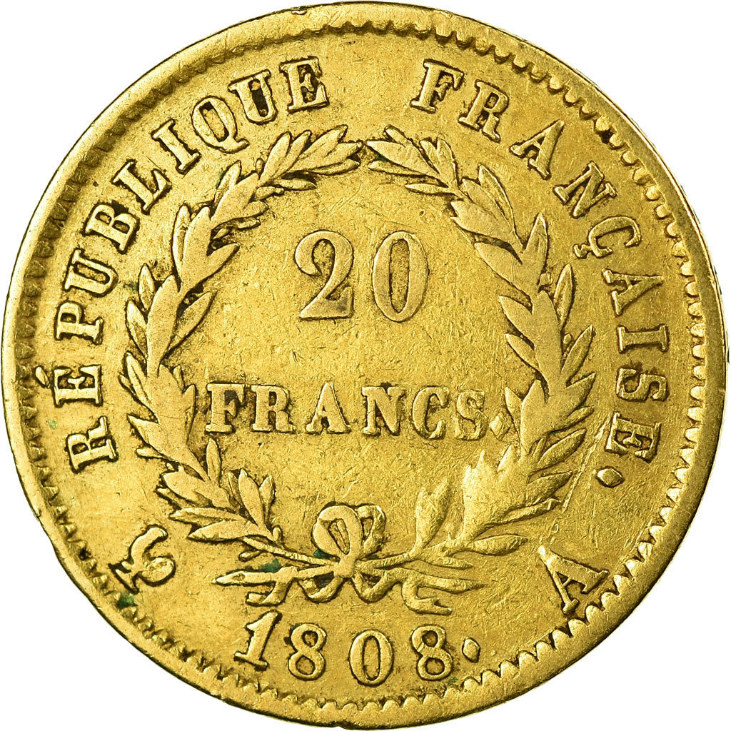 Moeda, França, Napoléon I, 20 Francs, 1808, Paris, VF(30-35), Dourado