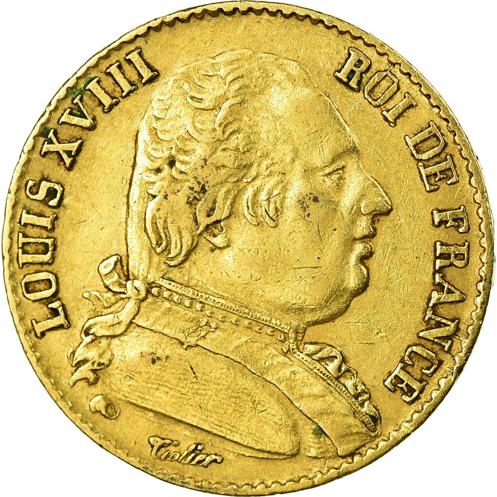 Moeda, França, Louis XVIII, 20 Francs, 1814, Paris, EF(40-45), Dourado