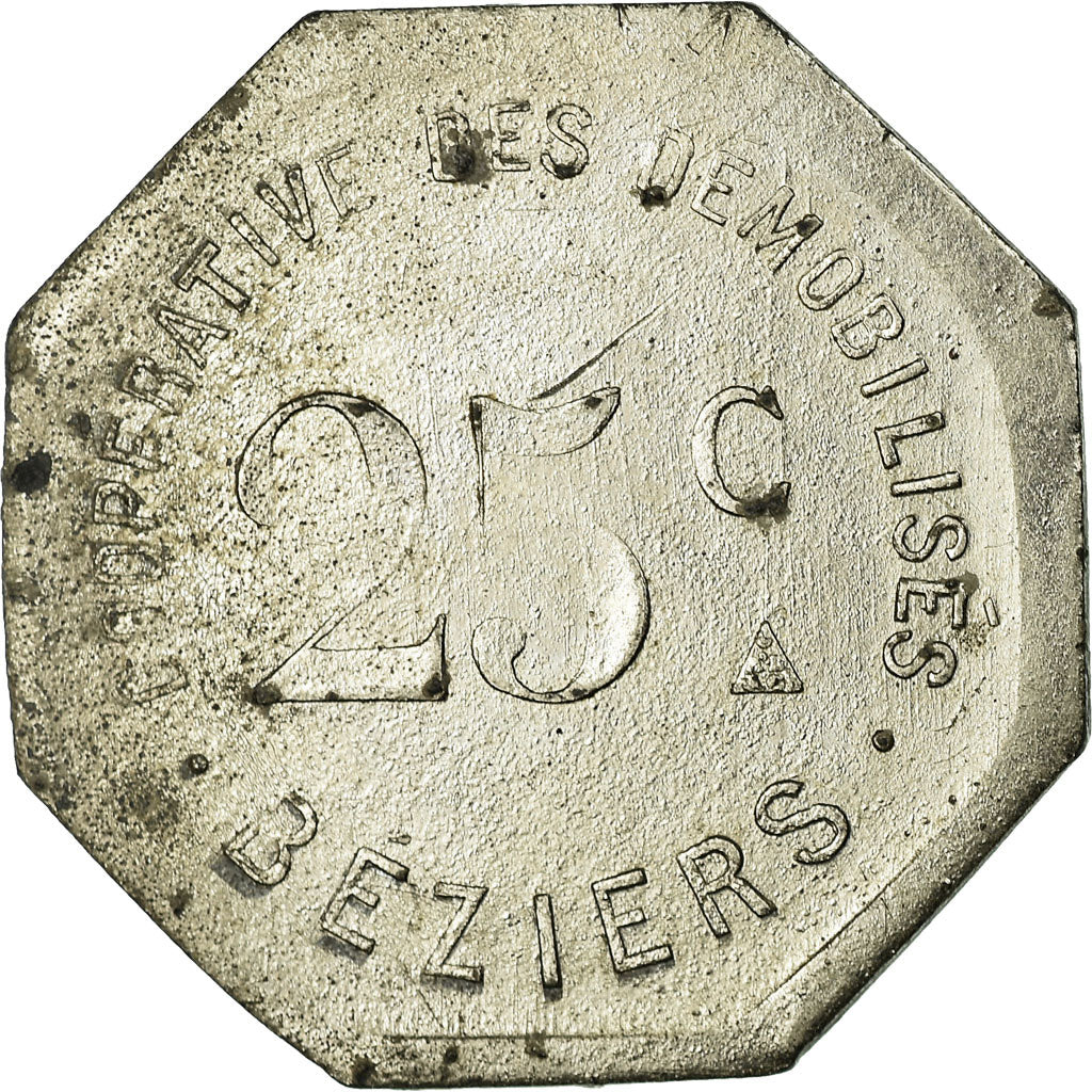 Coin, France, Coopérative des Démobilisés, Béziers, 25 Centimes, EF(40-45)