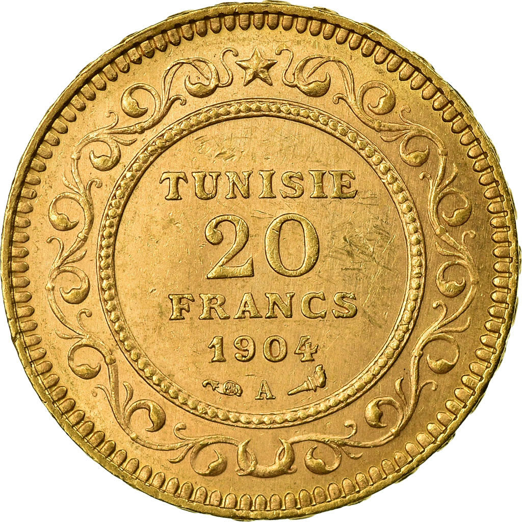Coin, Tunisia, Muhammad al-Hadi Bey, 20 Francs, 1904, Paris, MS(63), Gold