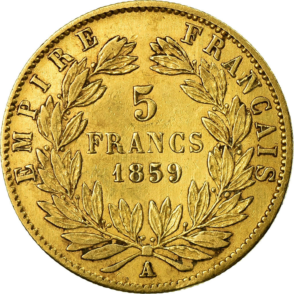 Moneda, Francia, Napoleon III, 5 Francs, 1859, Paris, BC+, Oro, KM:787.1