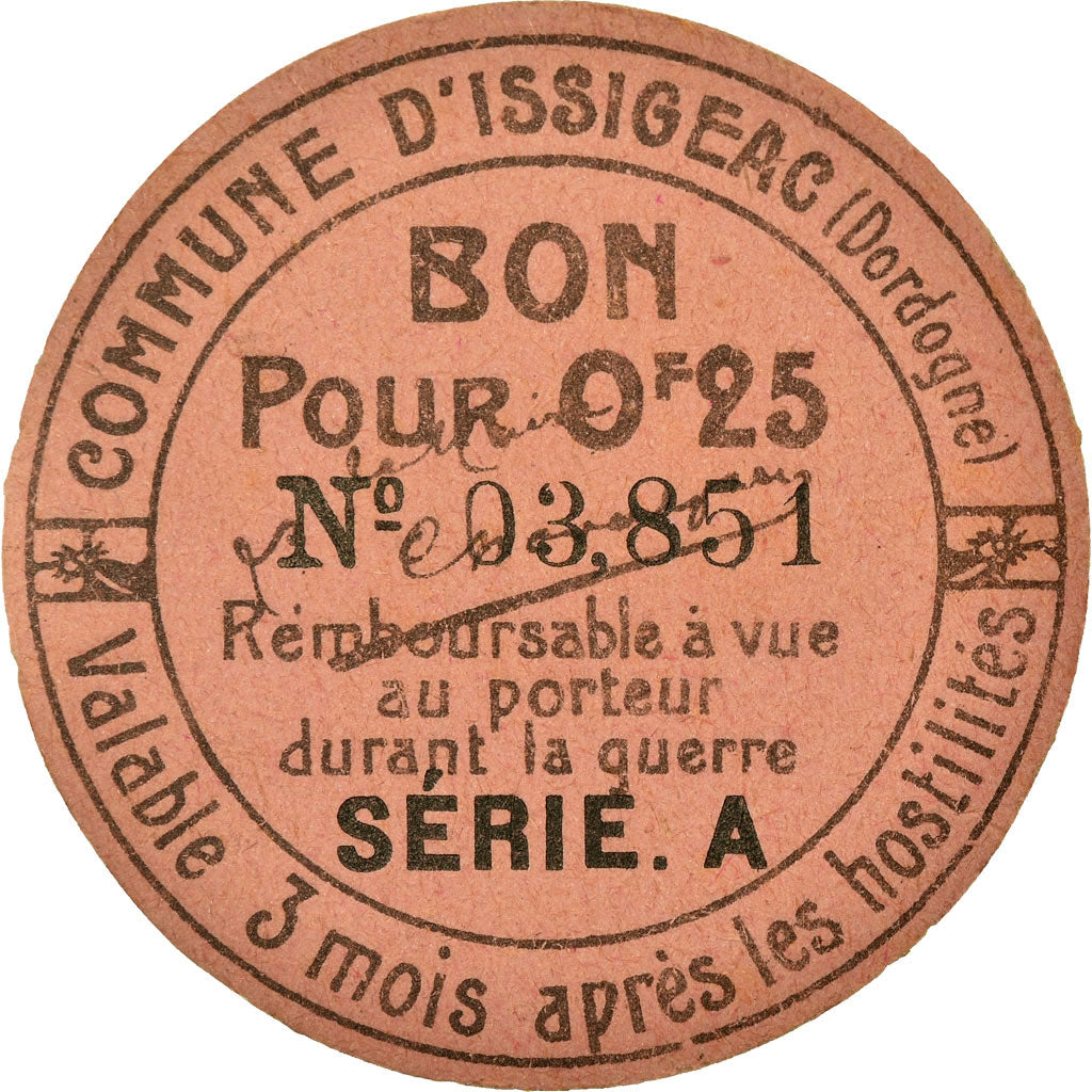 Coin, France, Commune d'Issigeac, Issigeac, 0.25 Franc, AU(55-58), Cardboard