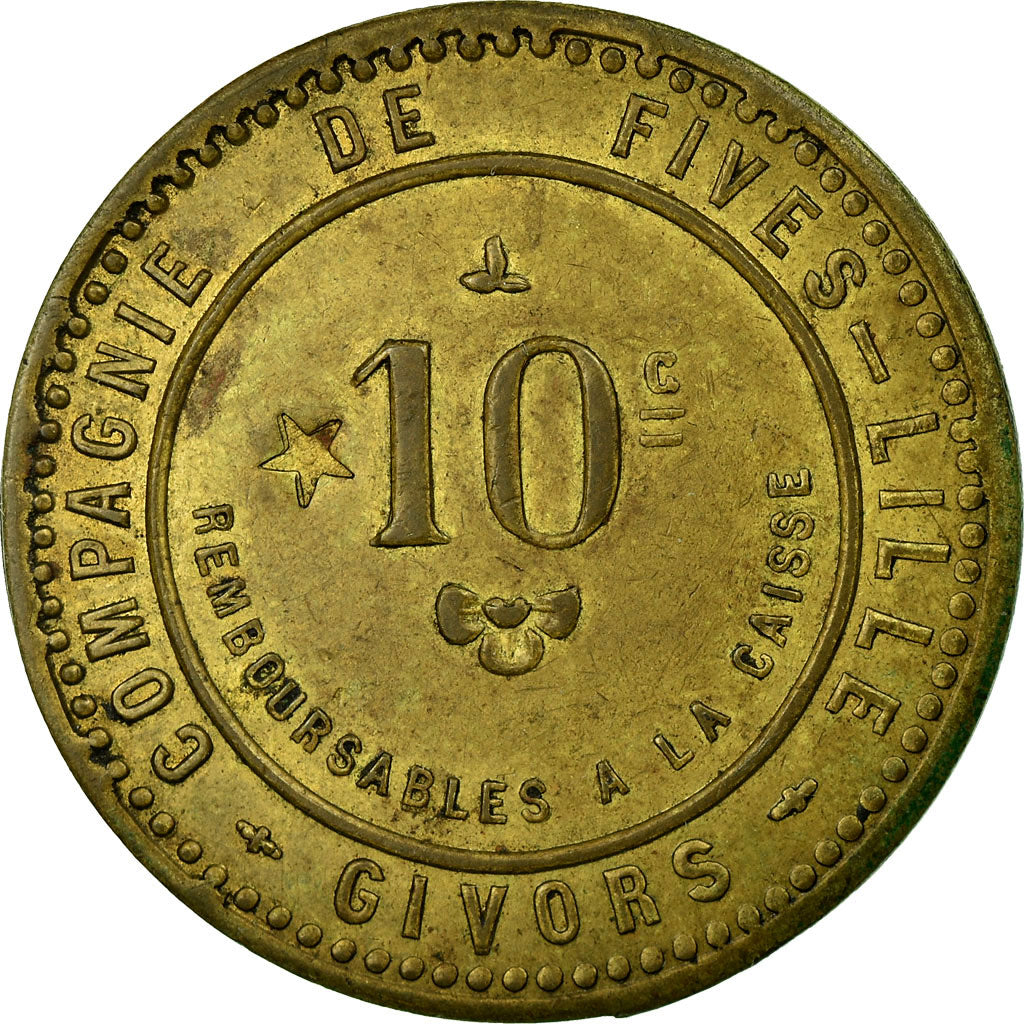 Coin, France, Compagnie de Fives-Lille, Givors, 10 Centimes, AU(55-58), Brass