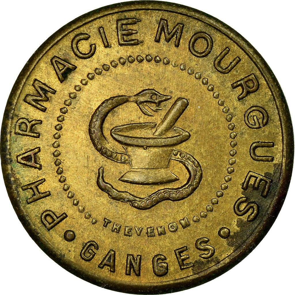 Moneda, Francia, Pharmacie MOURGUES, Ganges, 25 Centimes, EBC, Latón