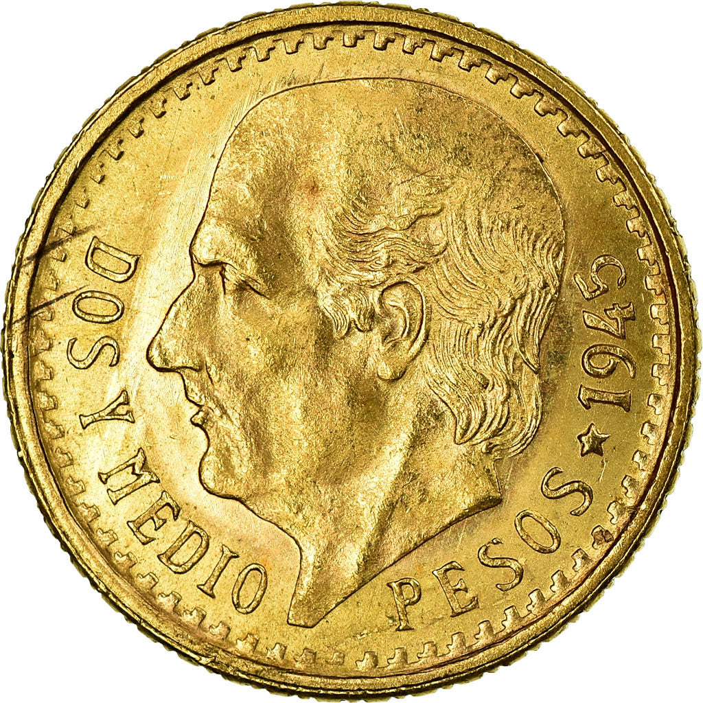 Moeda, México, 2-1/2 Pesos, 1945, Mexico City, MS(60-62), Dourado, KM:463