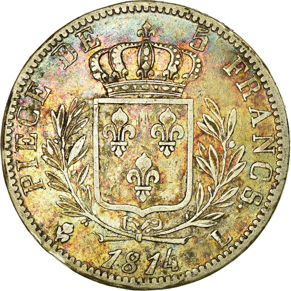 Moneda, Francia, Louis XVIII, 5 Francs, 1814, Bayonne, MBC, Plata, KM:702.8
