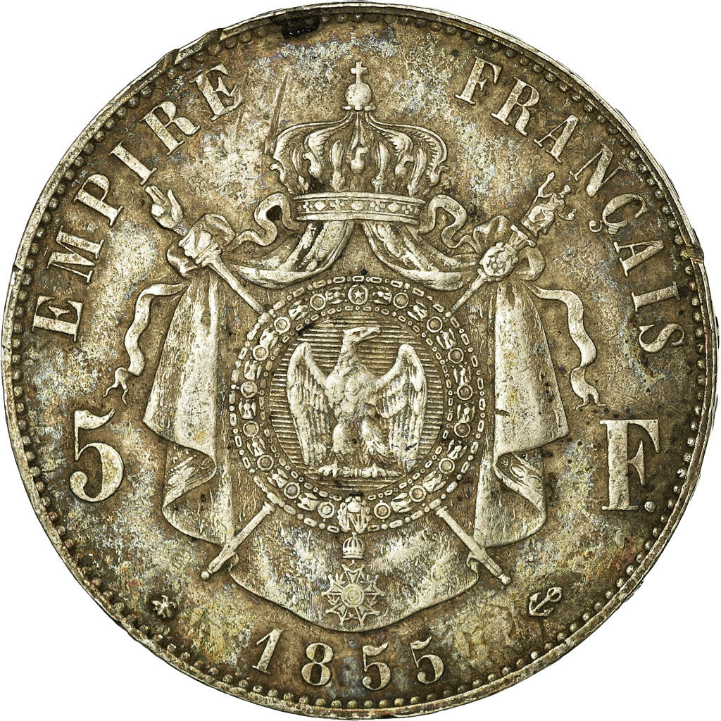 Münze, Frankreich, Napoleon III, 5 Francs, 1855, Strasbourg, S+, Silber