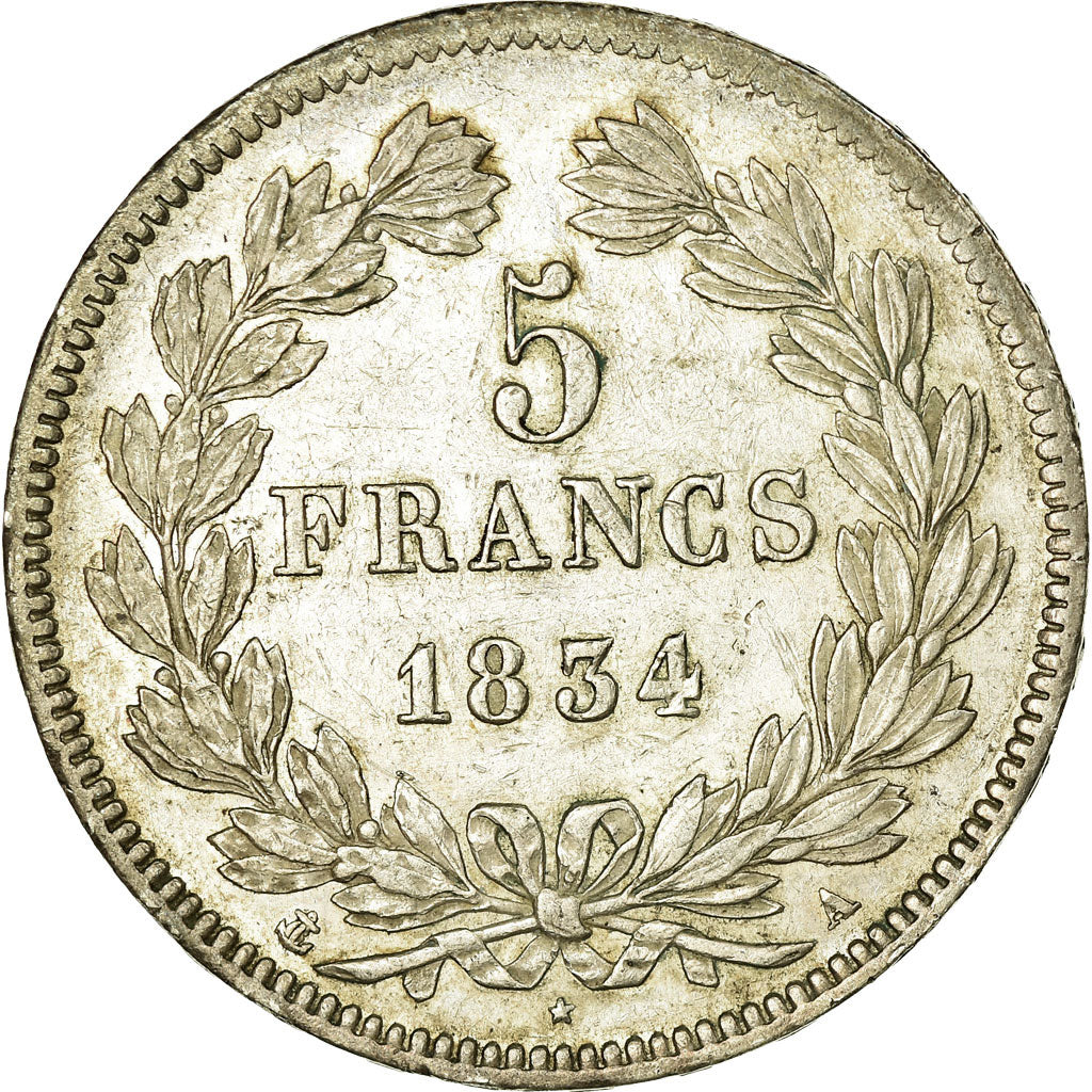 Moneta, Francia, Louis-Philippe, 5 Francs, 1834, Paris, BB, Argento, KM:749.1