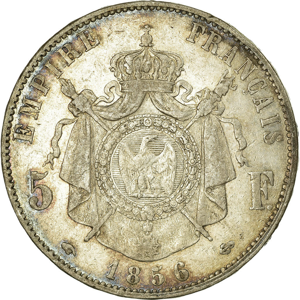 Moneda, Francia, Napoleon III, 5 Francs, 1856, Paris, BC+, Plata, KM:782.1