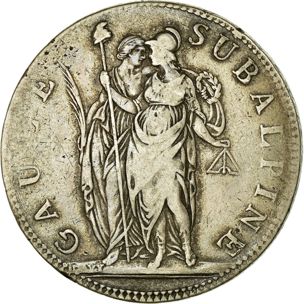 Munten, Italiaanse staten, PIEDMONT REPUBLIC, 5 Francs, AN 9, FR+, Zilver, KM:4