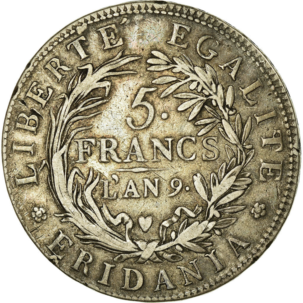 Munten, Italiaanse staten, PIEDMONT REPUBLIC, 5 Francs, AN 9, FR+, Zilver, KM:4