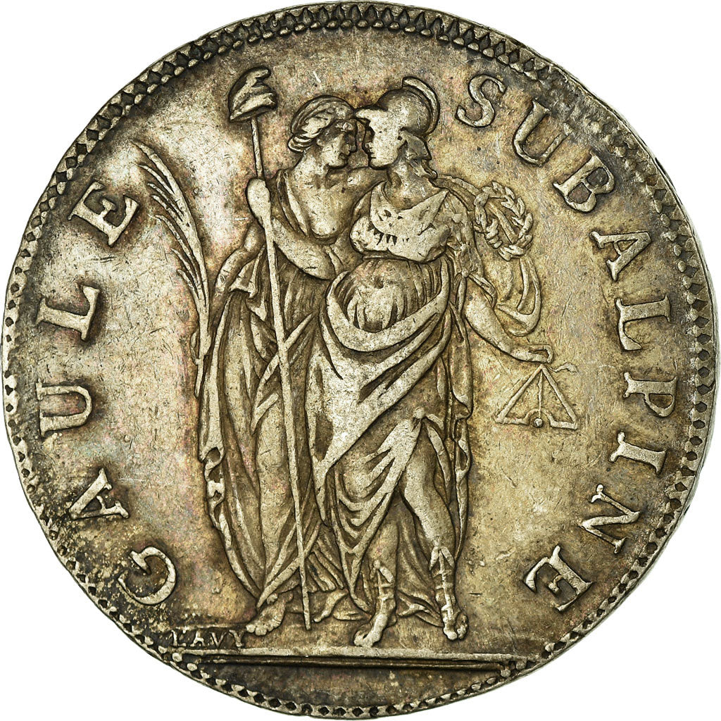 Monnaie, États italiens, PIEDMONT REPUBLIC, 5 Francs, An 10, TTB, Argent, KM:4