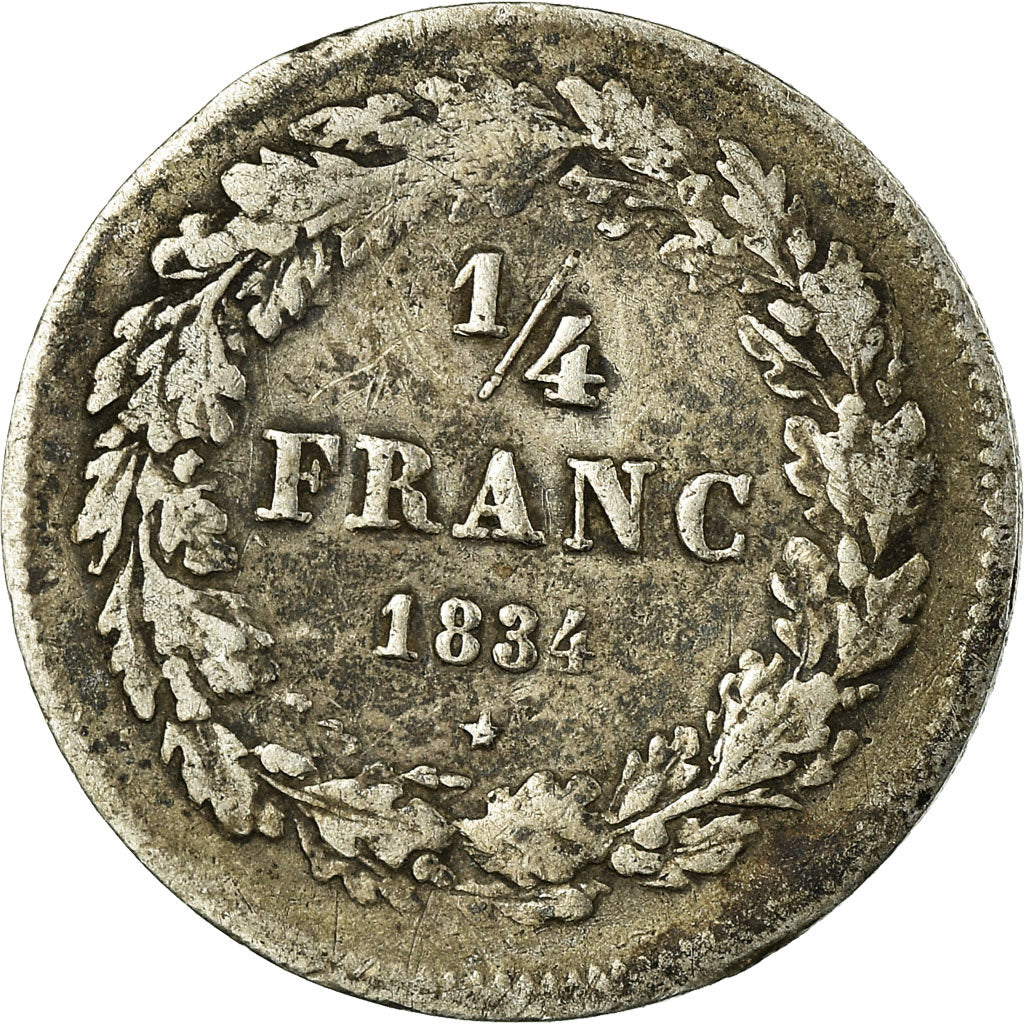 Moneta, Belgio, Leopold I, 1/4 Franc, 1834, MB, Argento, KM:8