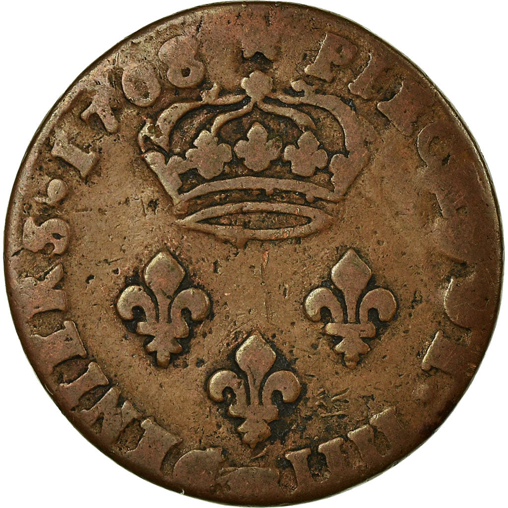 Monnaie, France, Louis XIV, 4 Deniers, 1708, Strasbourg, B+, Cuivre, C2G:260