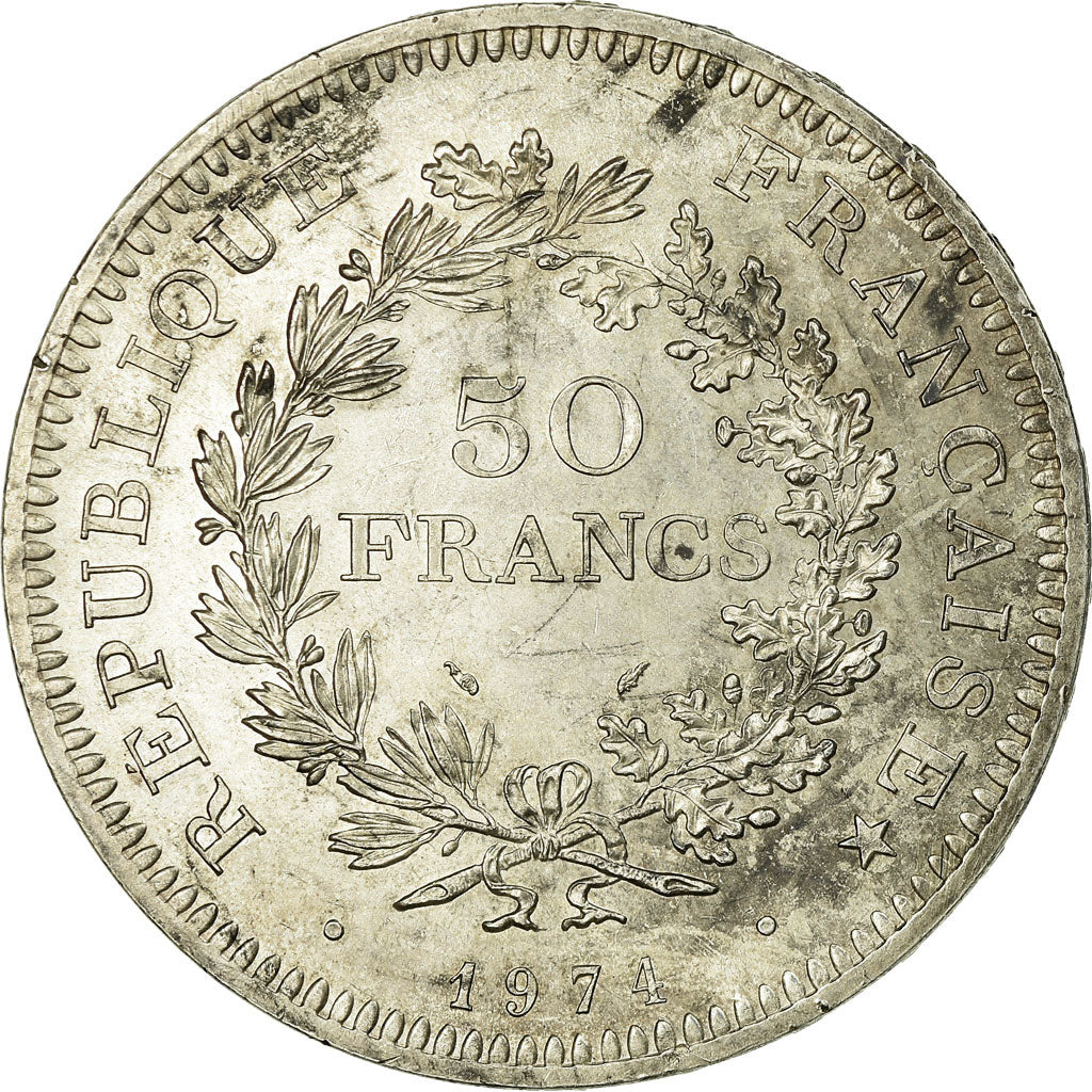 Moeda, França, Hercule, 50 Francs, 1974, Emissão híbrida, AU(55-58), Prata