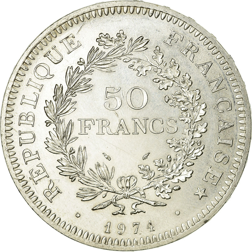 Moeda, França, Hercule, 50 Francs, 1974, Emissão híbrida, AU(50-53), Prata