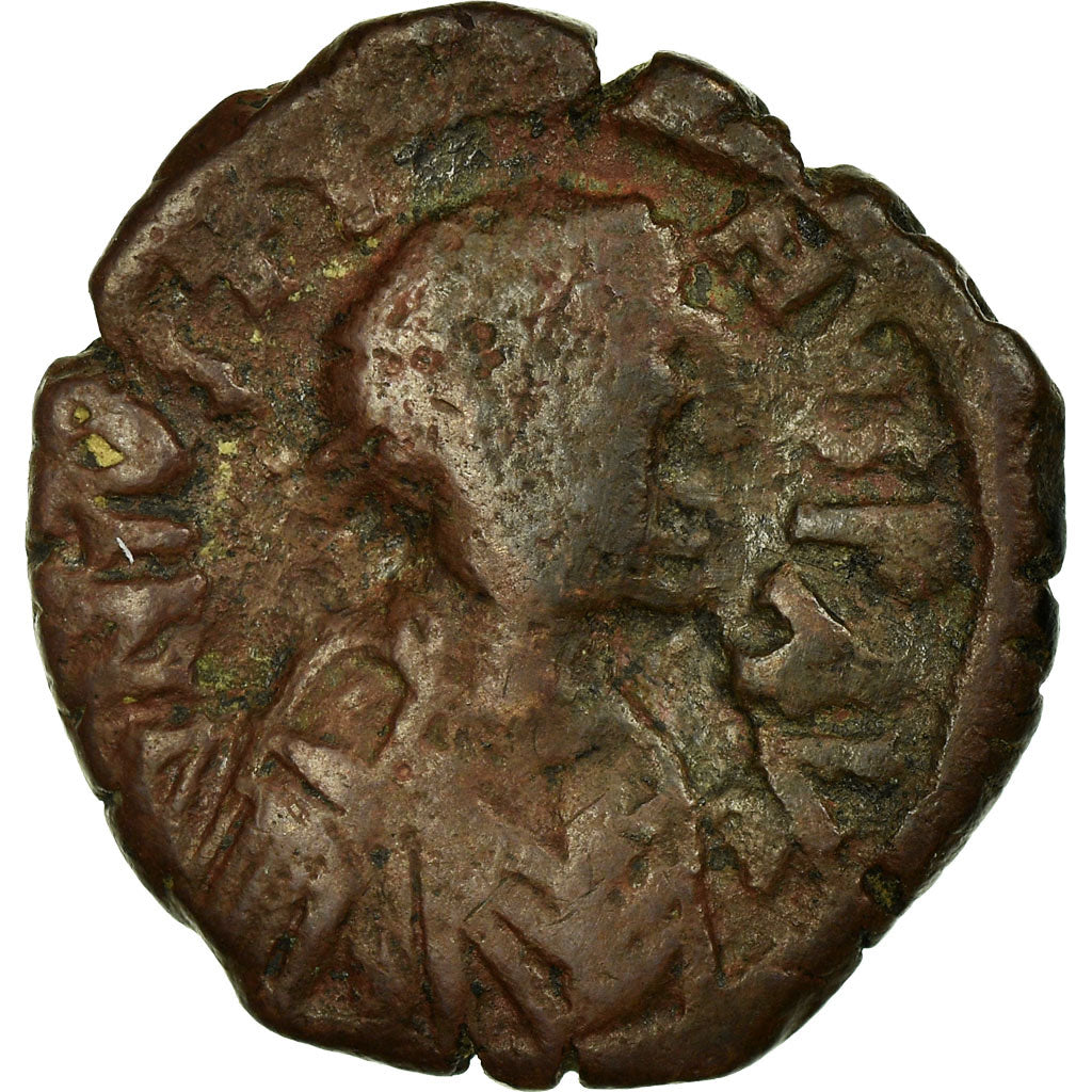 Münze, Justin I, Half Follis, 522-527, Constantinople, S+, Kupfer, Sear:69