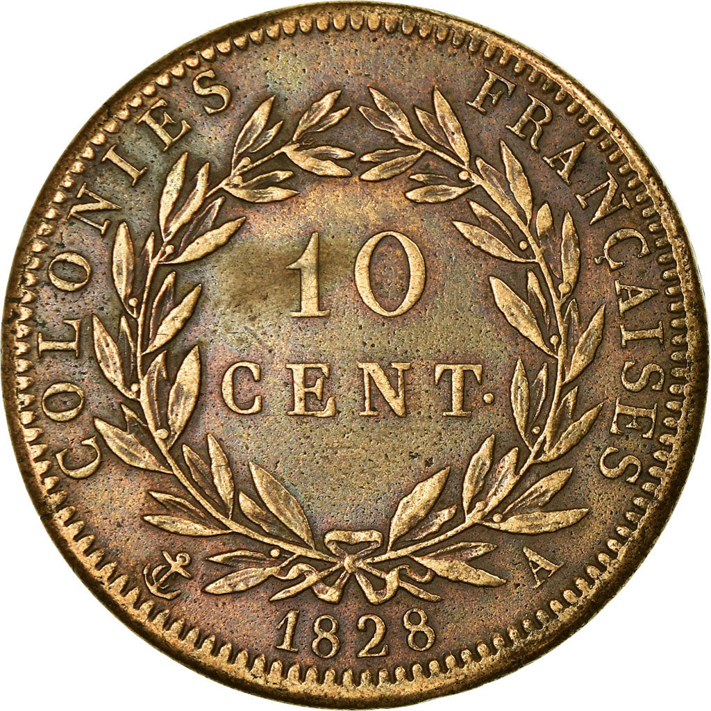 Moneta, Colonie francesi, Charles X, 10 Centimes, 1828, Paris, BB+, Bronzo