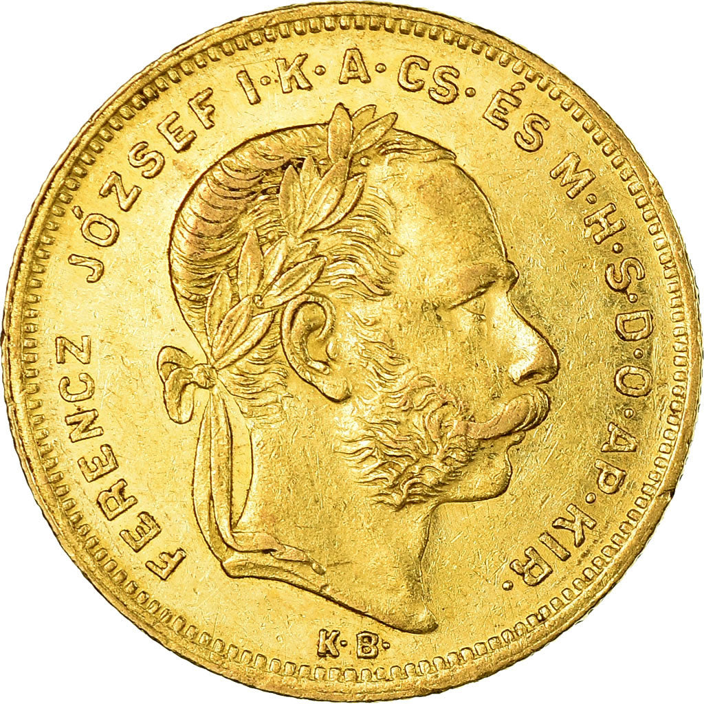 Moneta, Węgry, Franz Joseph I, 8 Forint 20 Francs, 1877, Kremnitz, AU(50-53)
