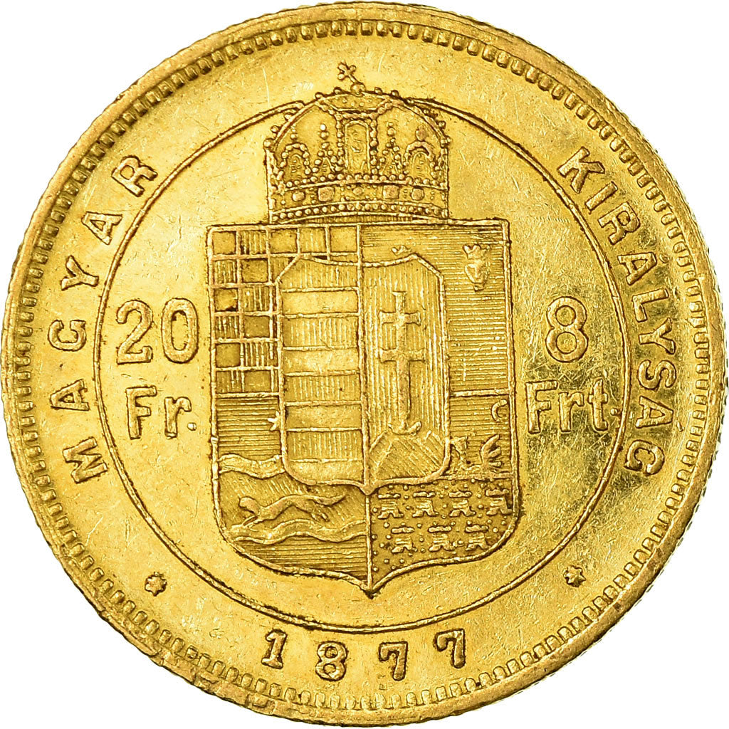 Moneta, Węgry, Franz Joseph I, 8 Forint 20 Francs, 1877, Kremnitz, AU(50-53)