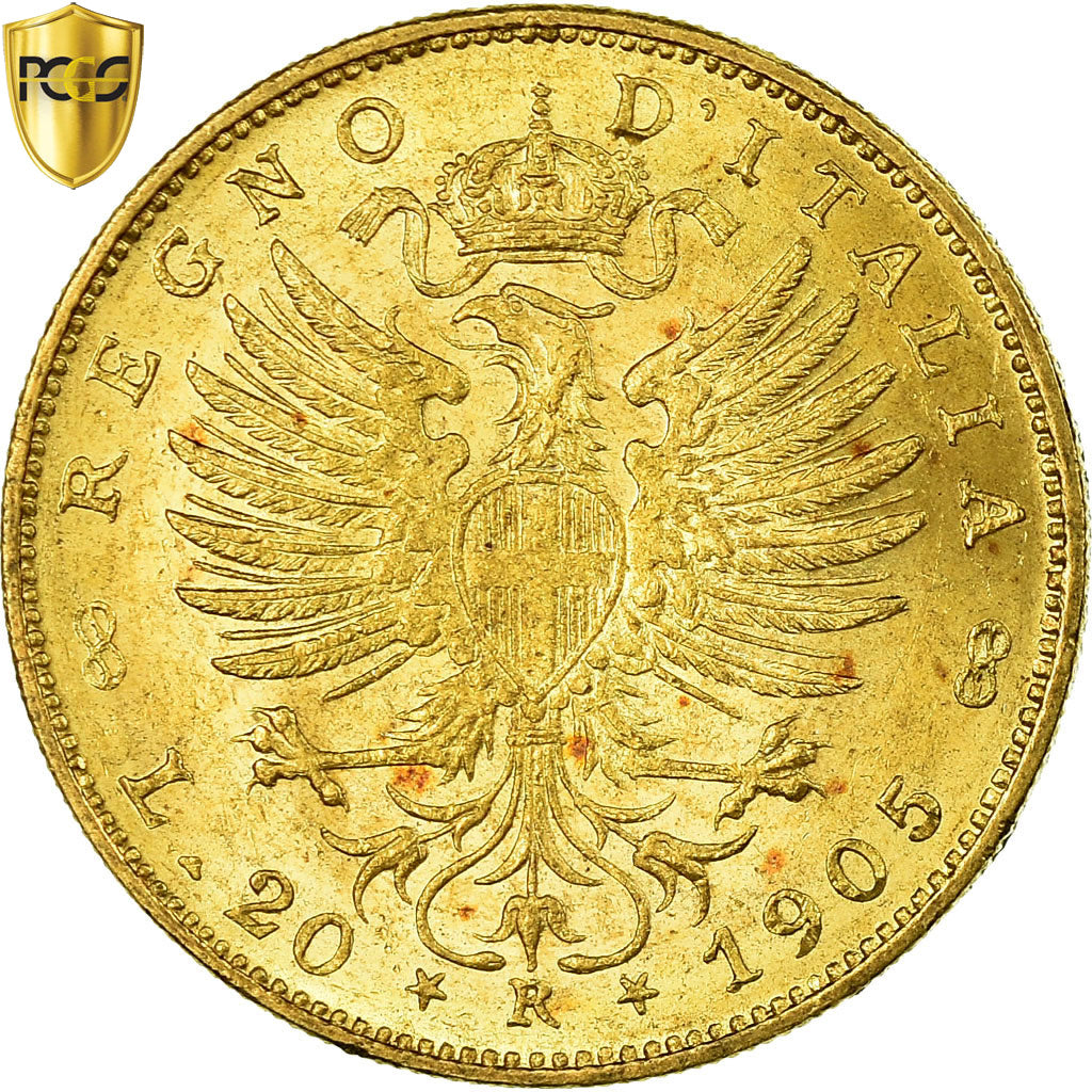 Moneda, Italia, Vittorio Emanuele III, 20 Lire, 1905, Rome, Rare, PCGS, MS62
