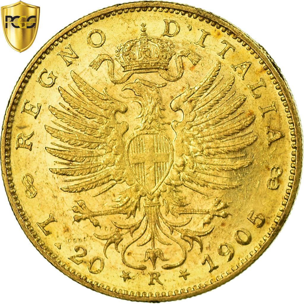 Coin, Italy, Vittorio Emanuele III, 20 Lire, 1905, Rome, Rare, PCGS, MS63, Gold