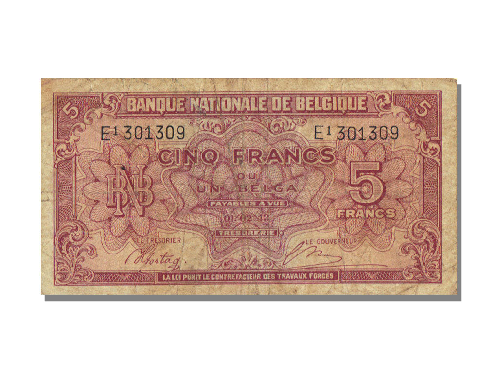 Belgium, 5 Francs-1 Belga, 1943, KM #121, 1943-02-01, VF(30-35), E1