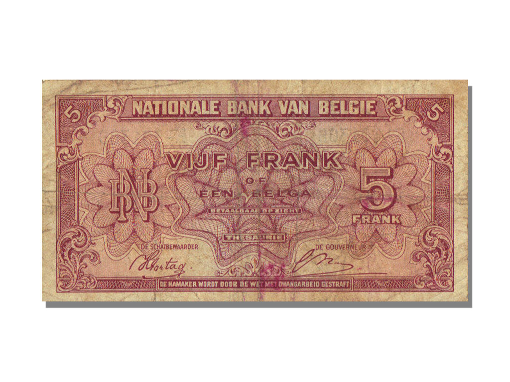 Belgium, 5 Francs-1 Belga, 1943, KM #121, 1943-02-01, VF(30-35), E1