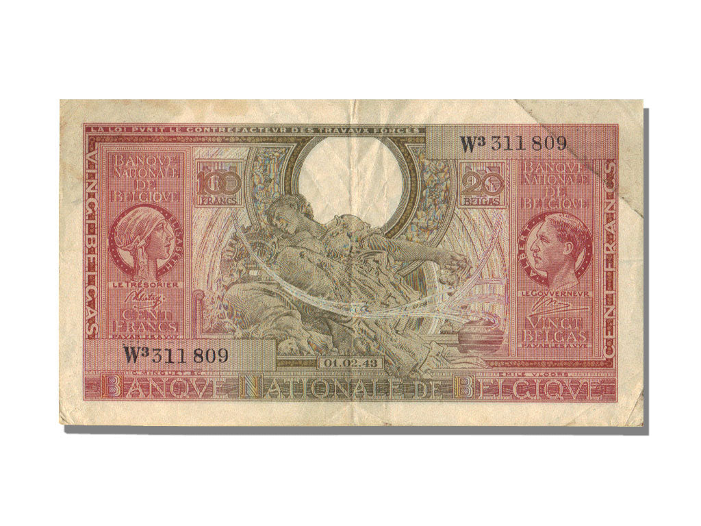 Belgium, 100 Francs-20 Belgas, 1943, KM #123, 1943-02-01, AU(50-53), W3