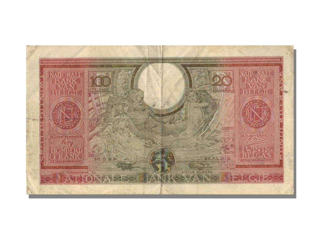 Belgium, 100 Francs-20 Belgas, 1943, KM #123, 1943-02-01, AU(50-53), W3